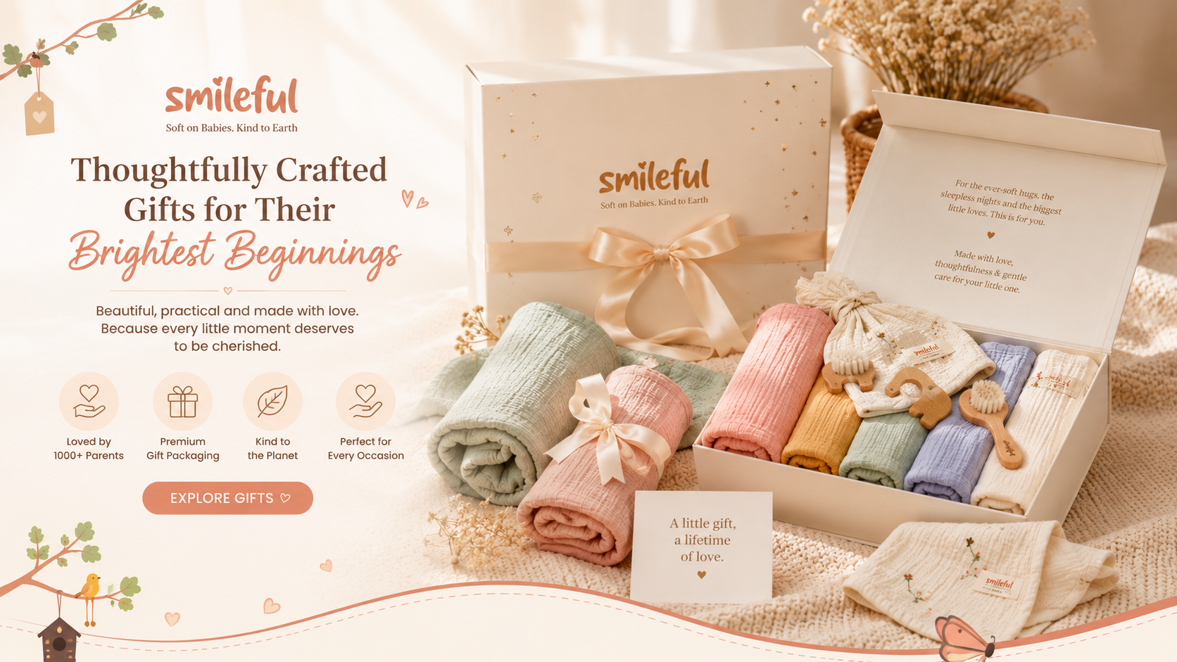 Smileful — Thoughtfully crafted gifts for their brightest beginnings. An open gift box of pastel muslin swaddles, wooden accessories and a keepsake card, loved by 1000+ parents, with premium gift packaging, kind to the planet and perfect for every occasion.