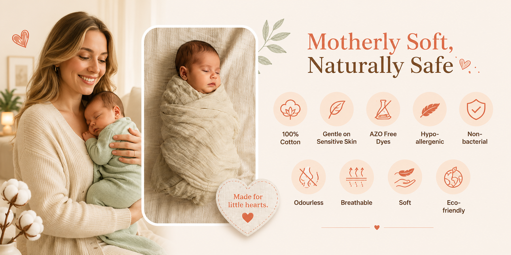 Motherly soft, naturally safe — a mother cradling her sleeping newborn wrapped in a soft cream Smileful muslin swaddle made of breathable 100% cotton, gentle on sensitive skin.